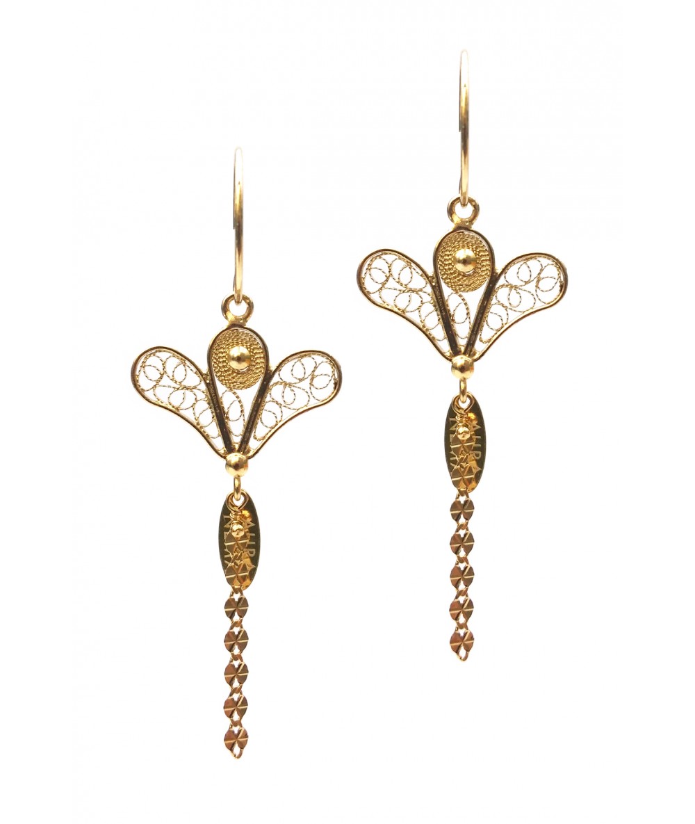 Gold filigree dangle earrings feather french cancan